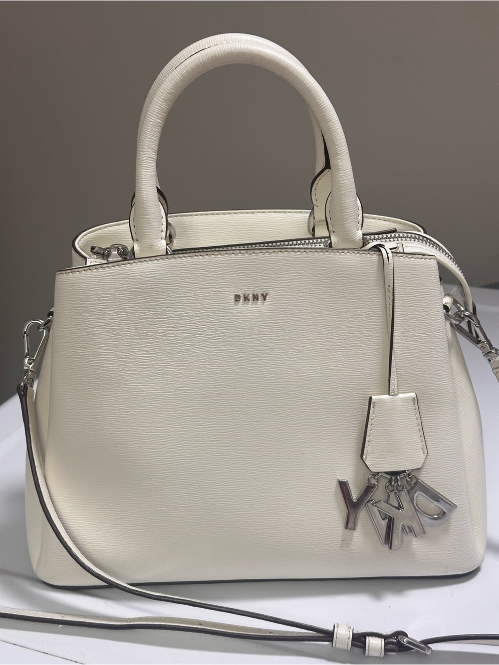 DKNY Cream Textured Leather Satchel with Logo Charm